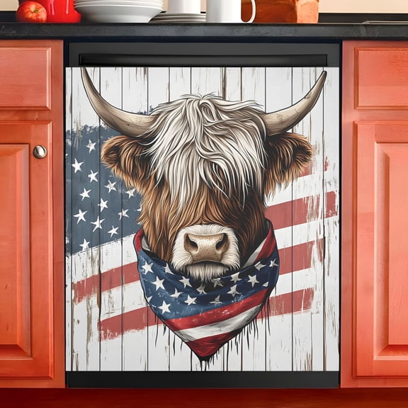 Ryvnso Retro Highland Cattle Usa Flag Dishwasher Magnetic Refrigerator Magnet Cover Kitchen Home Decorative 23"x26"
