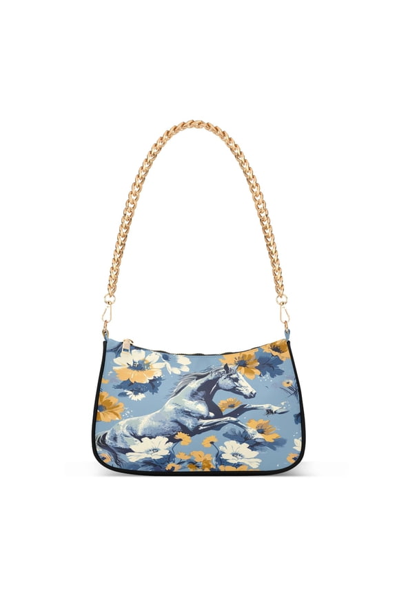 Retro Horse in Flowers Womens Chain Shoulder Bag Tote Handbags Clutch Hobo Purse with Zipper for Travel