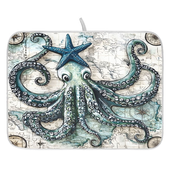 Ryvnso Retro Octopus Dish Drying Mat for Kitchen Countertop 16x18 Small Dish Pad Drainer Rack Dish Sink Mats