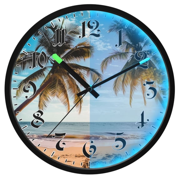 Ryvnso Retro Palm Tree Sunset Beach 12 Inch Night Light Wall Clock Luminous Silent Battery Operate Clocks