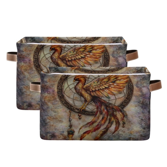 Ryvnso Retro Phoenix with Feather Storage Basket Large Bin Foldable Boxes Toys Organizer 14.2x10.2x8.3in 2 PCs