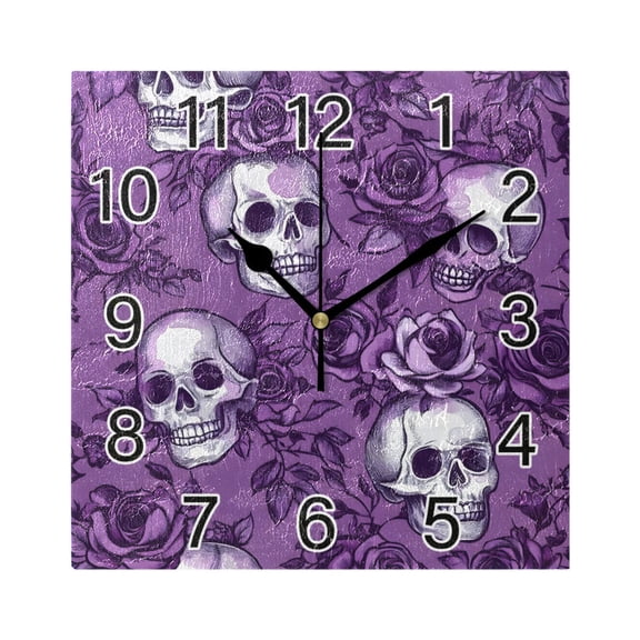 Ryvnso Retro Rose Skull Wall Clock Square Silent Non-Ticking Battery Operated 7.78"