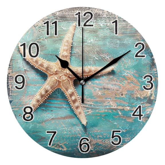 Ryvnso Retro Sea Star on Wood Wall Clock Non Ticking Silent Kitchen Clock Battery Operated Clocks 10 inch