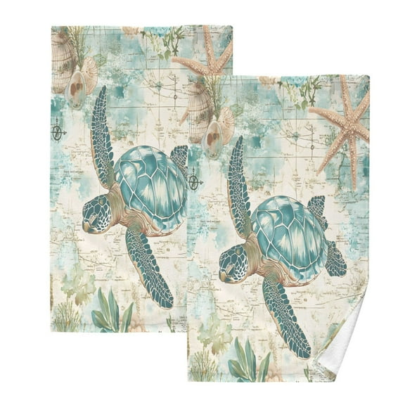 Ryvnso Retro Sea Turtle Cotton Hand Towels Sets Face Towel 2 PCs Bathroom Decorative