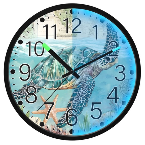 Ryvnso Retro Turtle and Map 12 Inch Night Light Wall Clock Silent Battery Operated Luminous Clocks
