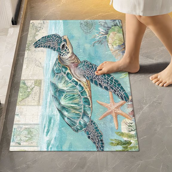 Ryvnso Retro Turtle and Map Bathroom Shaggy Rugs Toilet Rectangle Mat Soft Contour Rug 24"x16"