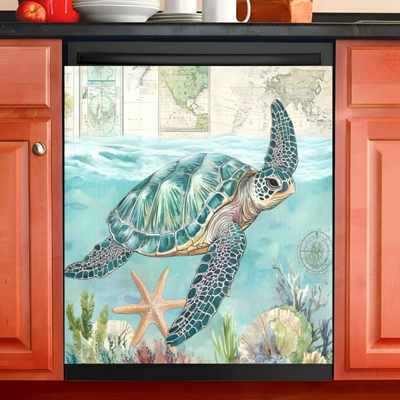 Ryvnso Retro Turtle and Map Dishwasher Magnetic Refrigerator Magnet Cover Kitchen Home Decorative 23"x26"