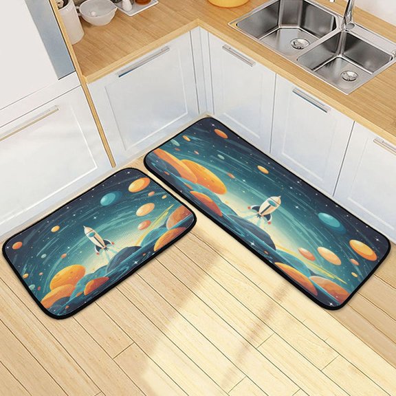 Ryvnso Rocket and Space Kitchen Rugs Set Non Slip Runner Mats for Dining Room