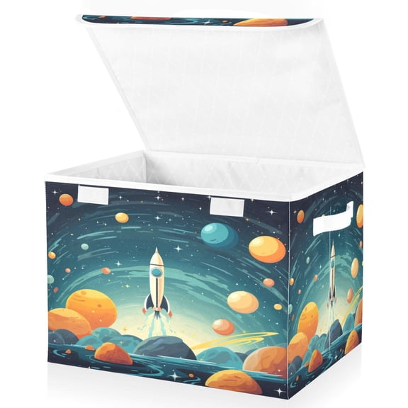 Ryvnso Rocket and Space Large Lidded Foldable Storage Baskets Cubes Boxes Lids Bin for Home