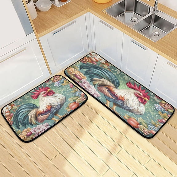 Ryvnso Rooster Floral Kitchen Rugs Set Non Slip Runner Mats for Dining Room