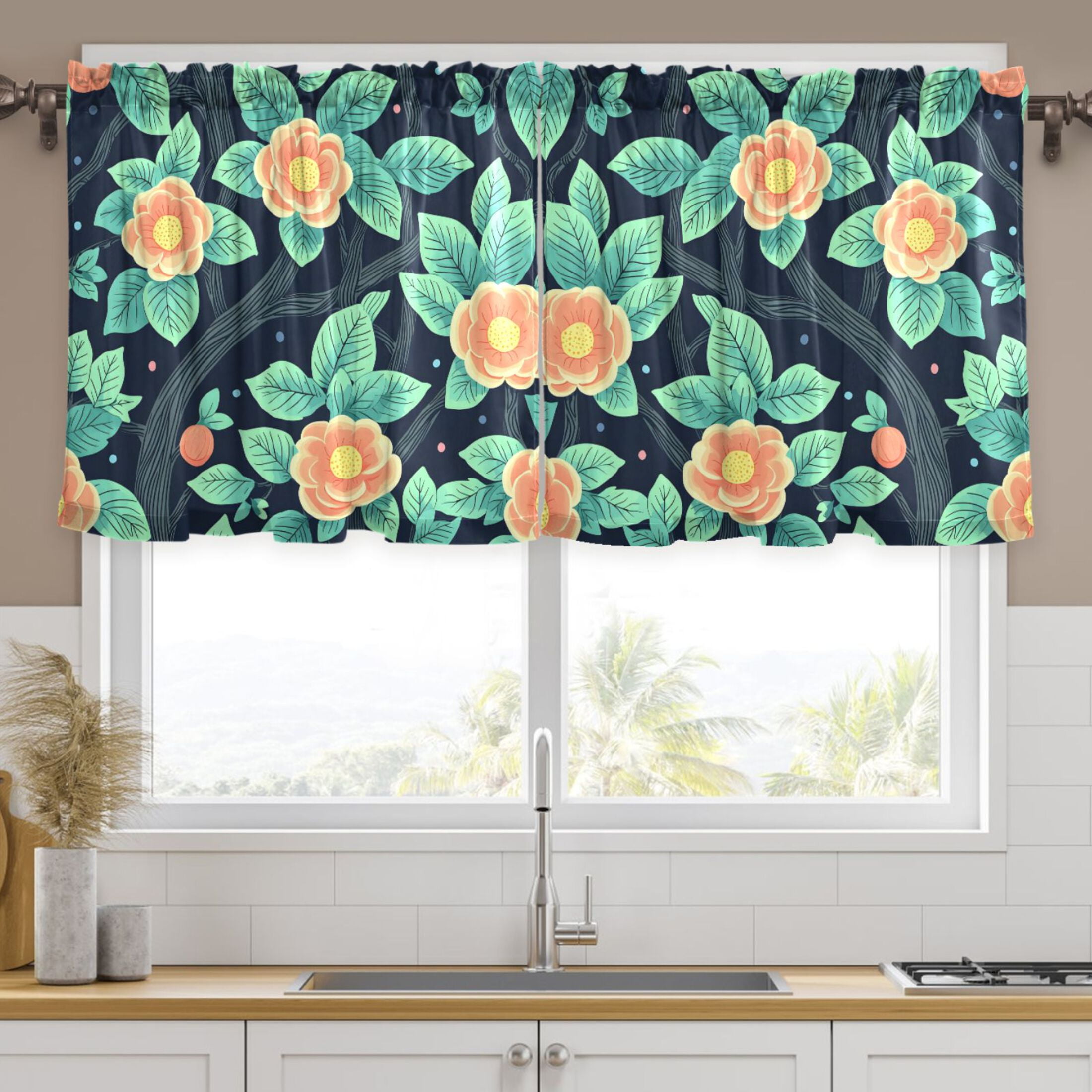 Ryvnso Rose Flower Curtains Sets Short Curtain Rod Pocket Half Window ...