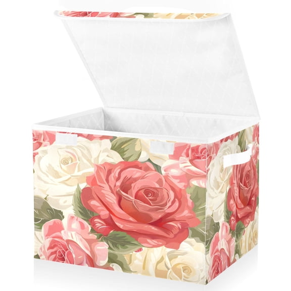 Ryvnso Rose Flower and Leaf Large Lidded Foldable Storage Baskets Cubes Boxes Lids Bin for Home