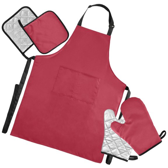 Ryvnso Rose Red Solid Kitchen Apron Oven Mitts Set Pot Holders