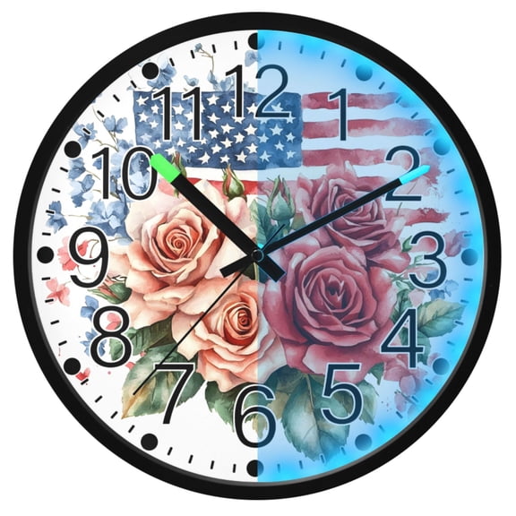 Ryvnso Roses American Flag 12 Inch Night Light Wall Clock Silent Battery Operated Luminous Clocks