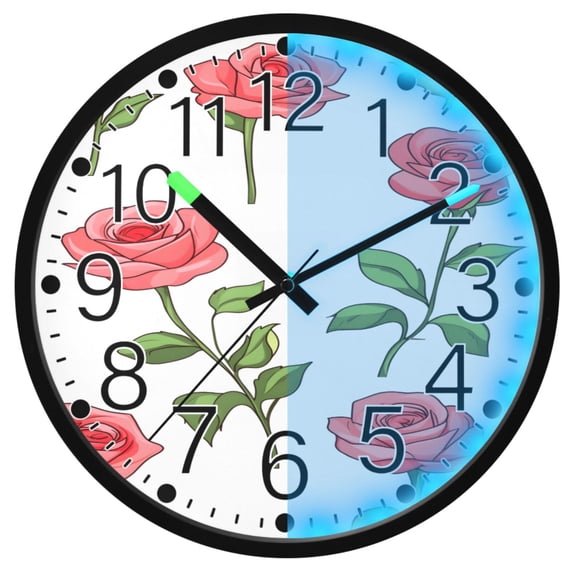 Ryvnso Roses Flower 12 Inch Night Light Wall Clock Silent Battery Operated Luminous Clocks