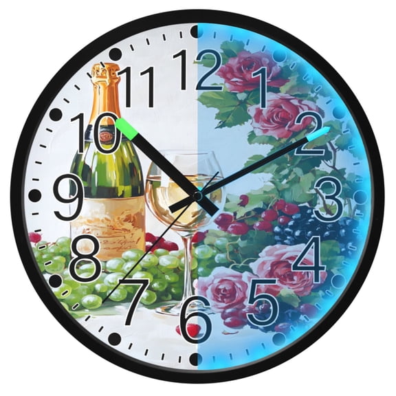 Ryvnso Roses Flower Wine 12 Inch Night Light Wall Clock Silent Battery Operated Luminous Clocks