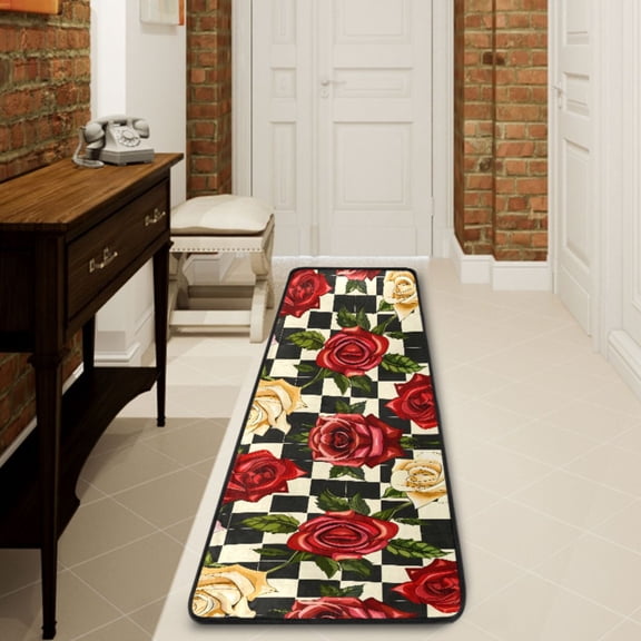 Ryvnso Roses Flower on Lattice Hallway Runner Rugs Floor Carpet Non Slip Entryway Mat 2' x 6'