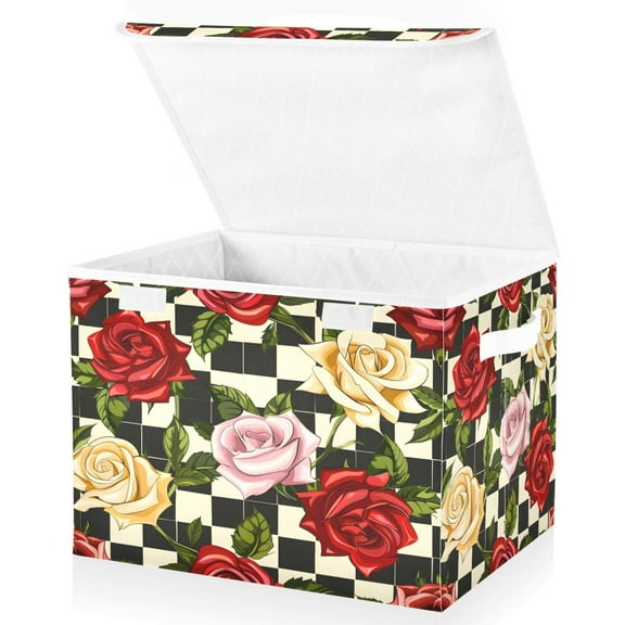 Ryvnso Roses Flower on Lattice Large Lidded Foldable Storage Baskets Cubes Boxes Lids Bin for Home