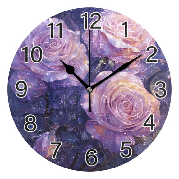 Ryvnso Roses Flowers Purple Wall Clock Non Ticking Silent Kitchen Clock Battery Operated Clocks 10 inch