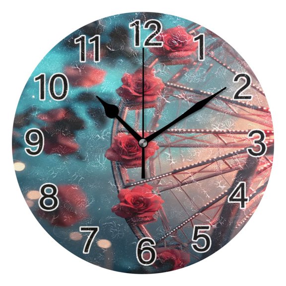 Ryvnso Roses Flowers Wall Clock Non Ticking Silent Kitchen Clock Battery Operated Clocks 10 inch