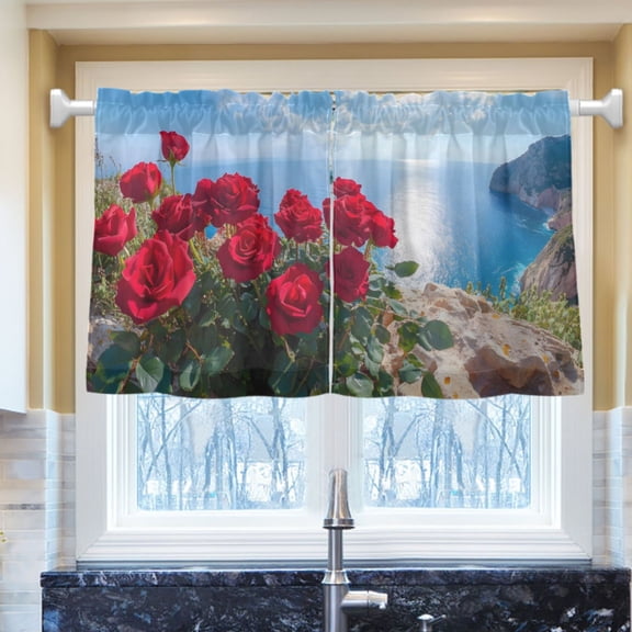 Ryvnso Roses Ocean Half Curtains Sets Tier 2 Panels Short Curtain Rod Pocket 27"W x 24"L