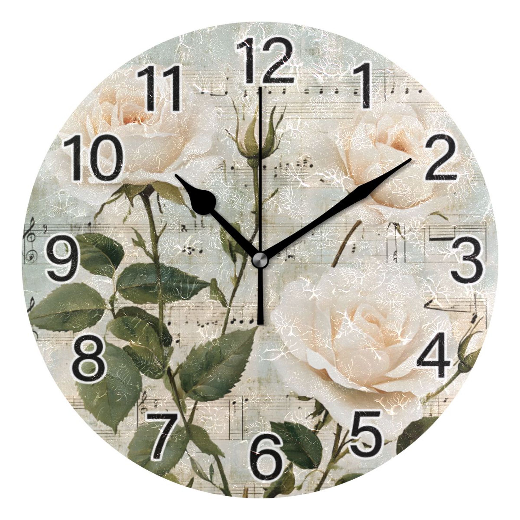 Ryvnso Roses on Music Notes Wall Clock Non Ticking Silent Kitchen Clock ...