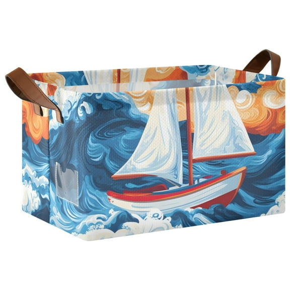 Ryvnso Sailboat Landscape Sea Storage Bins Large Basket Foldable Cube Toys Organizer with Handles 1 PC