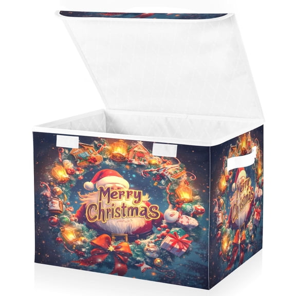 Ryvnso Santa Claus Christmas Wreath Large Lidded Foldable Storage Baskets Cubes Boxes Lids Bin for Home