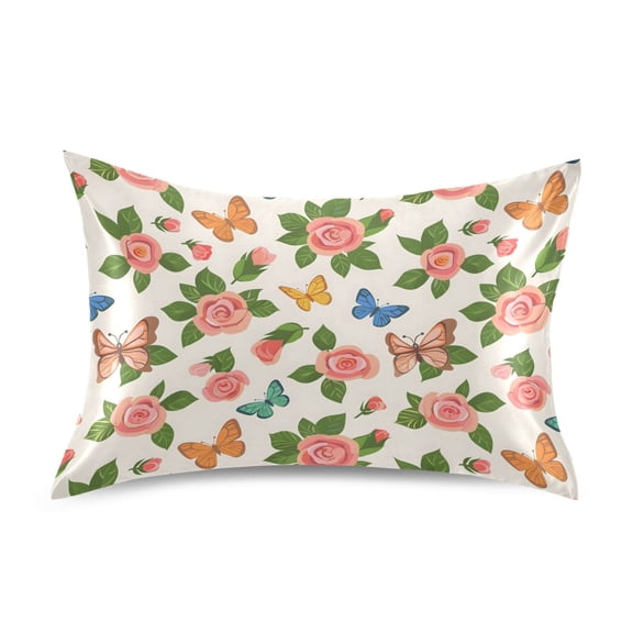 Ryvnso Satin Pillowcase Butterfly Flying in Roses Flowers Pillow Cases Standard Size 26x20in