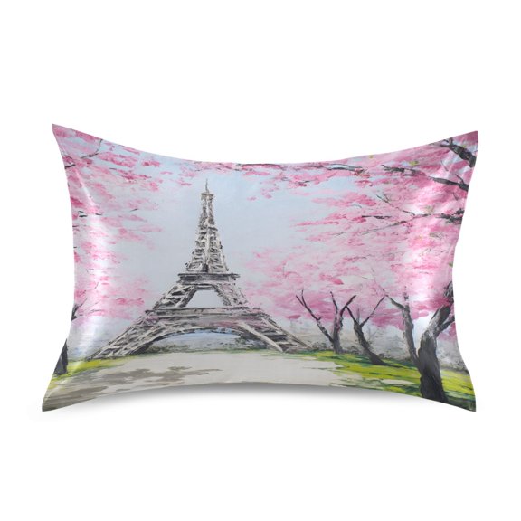 Ryvnso Satin Pillowcase Eiffel Tower Cherry Blossoms Pillow Cases Standard Size 26x20in
