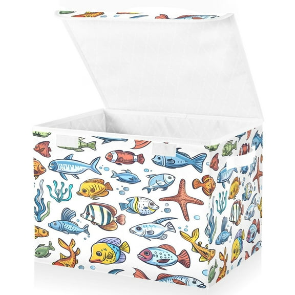 Ryvnso Sea Fishes in Ocean Large Lidded Foldable Storage Baskets Cubes Boxes Lids Bin for Home