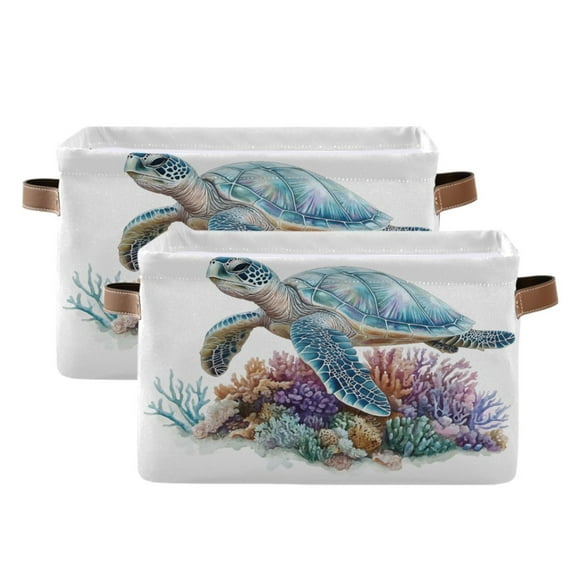 Ryvnso Sea Turtle Storage Basket Large Bin Foldable Boxes Toys Organizer 14.2x10.2x8.3in 2 PCs