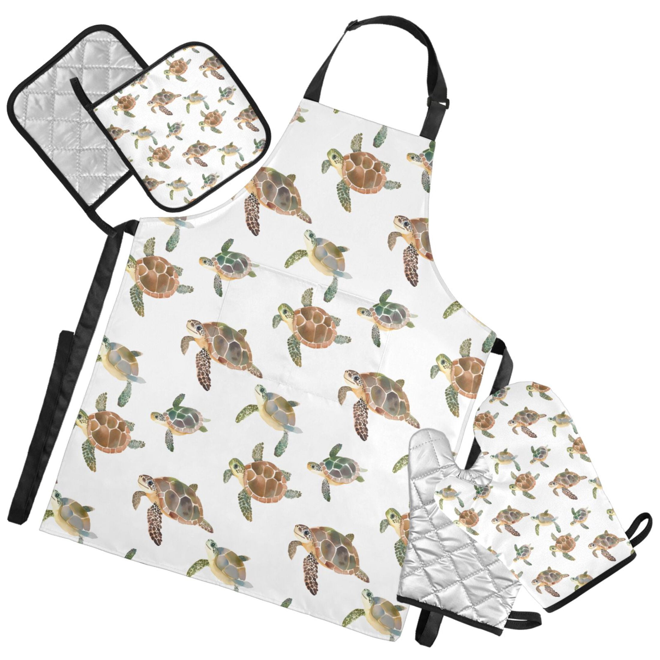 Turtle Kitchen Accessory Ryvnso Sea Turtles-b1 Kitchen Apron Oven Mitts Set Pot Holders ...