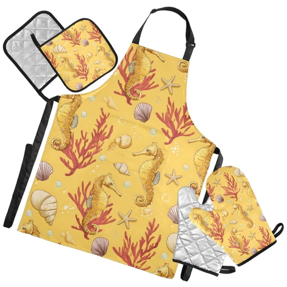 Ryvnso Seahorse Coral Summer Kitchen Apron Oven Mitts Set Pot Holders