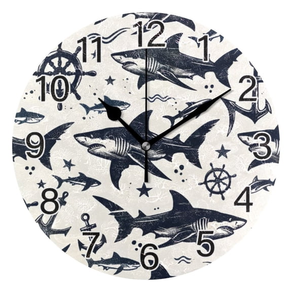 Ryvnso Seamless Sketch Shark Pattern Wall Clock Non Ticking Silent Kitchen Clock Battery Operated Clocks 10 inch