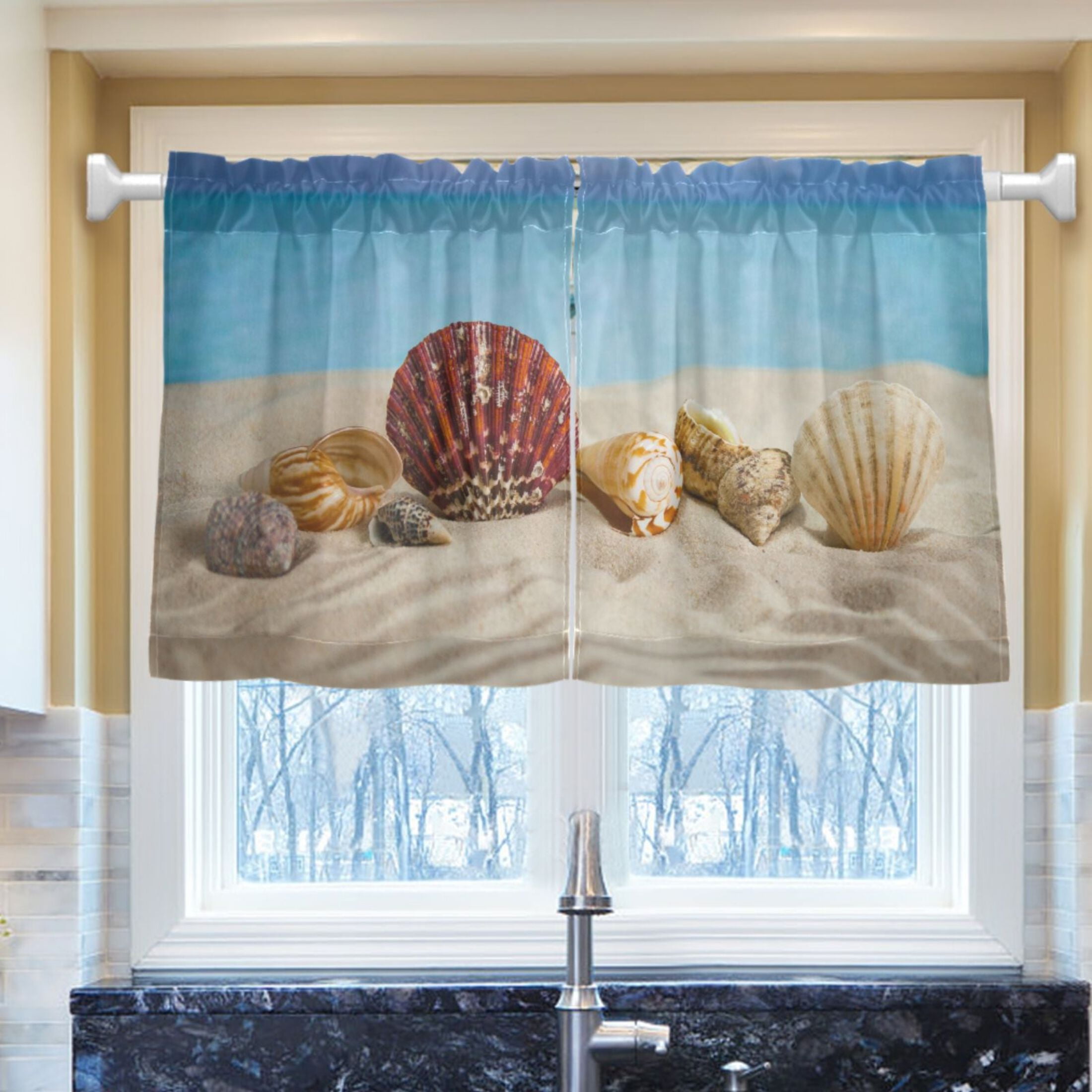 Ryvnso Seashell on Beach Half Curtains Sets Tier 2 Panels Short Curtain ...