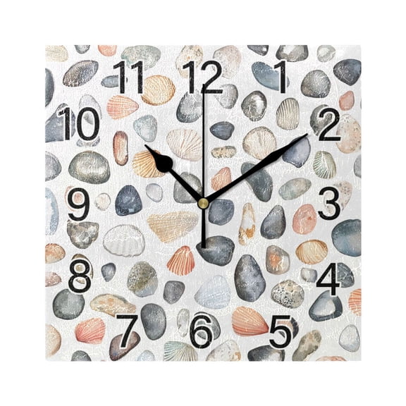 Ryvnso Seashells Stone Wall Clock Square Silent Non-Ticking Battery Operated 7.78"