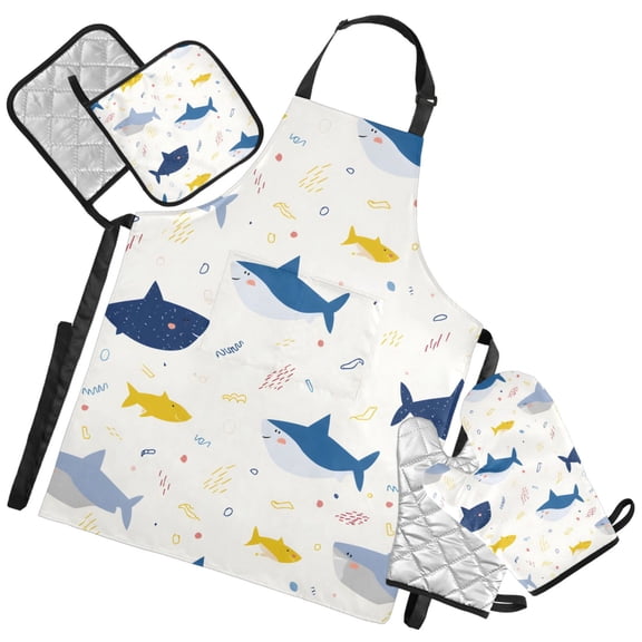 Ryvnso Sharks Cartoon Kitchen Apron Oven Mitts Set Pot Holders