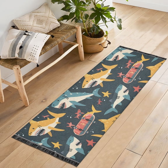 Ryvnso Sharks Skating Bedroom Runner Rug 2'x6' Hallway Area Carpet Non Slip Entryway Mat with Tassels