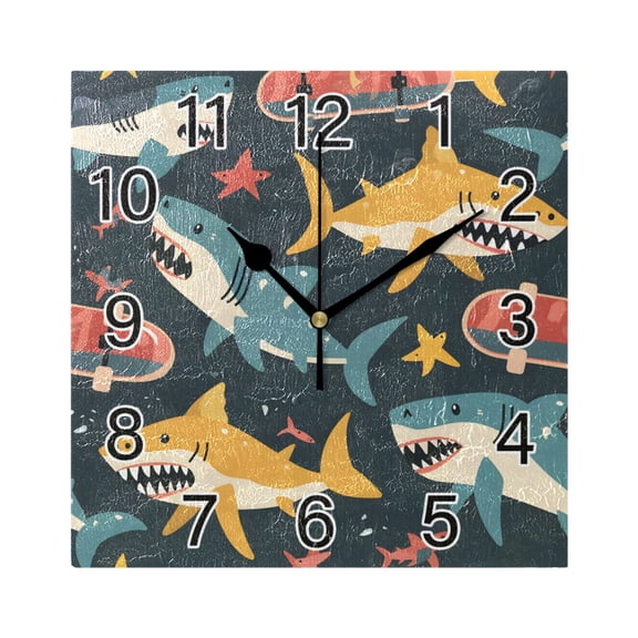 Ryvnso Sharks Skating Wall Clock Square Silent Non-Ticking Battery Operated 7.78"