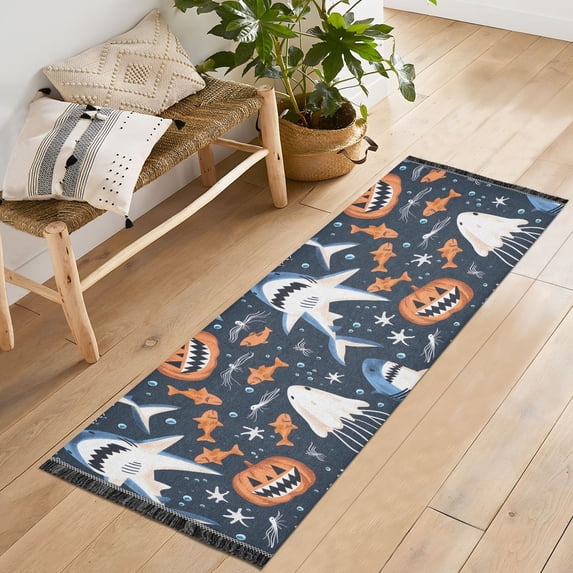 Ryvnso Sharks and Pumpkins Bedroom Runner Rug 2'x6' Hallway Area Carpet Non Slip Entryway Mat with Tassels
