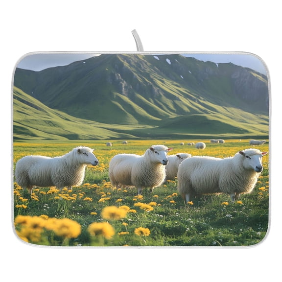Ryvnso Sheeps on Field Dish Drying Mat for Kitchen Countertop 16x18 Small Dish Pad Drainer Rack Dish Sink Mats