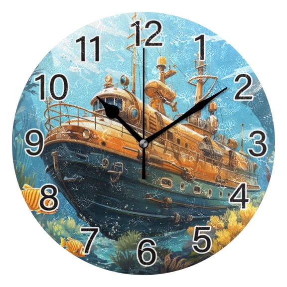Ryvnso Ship in Sea Wall Clock Non Ticking Silent Kitchen Clock Battery Operated Clocks 10 inch