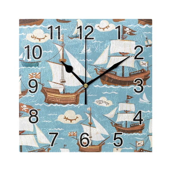 Ryvnso Ship on Sea Wall Clock Square Silent Non-Ticking Battery Operated 7.78"