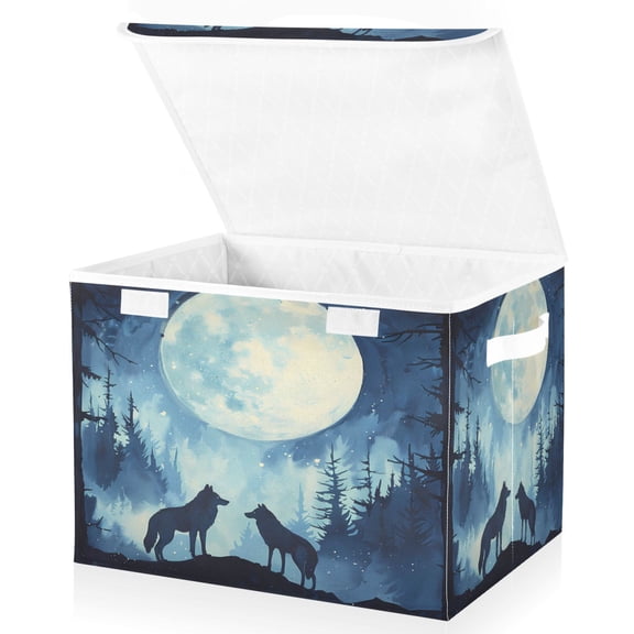 Ryvnso Silhouette Wolf with Full-moon Large Lidded Foldable Storage Baskets Cubes Boxes Lids Bin for Home