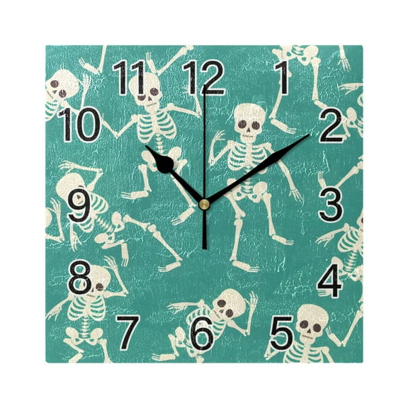 Ryvnso Skeleton Dancing Skull Wall Clock Square Silent Non-Ticking Battery Operated 7.78"