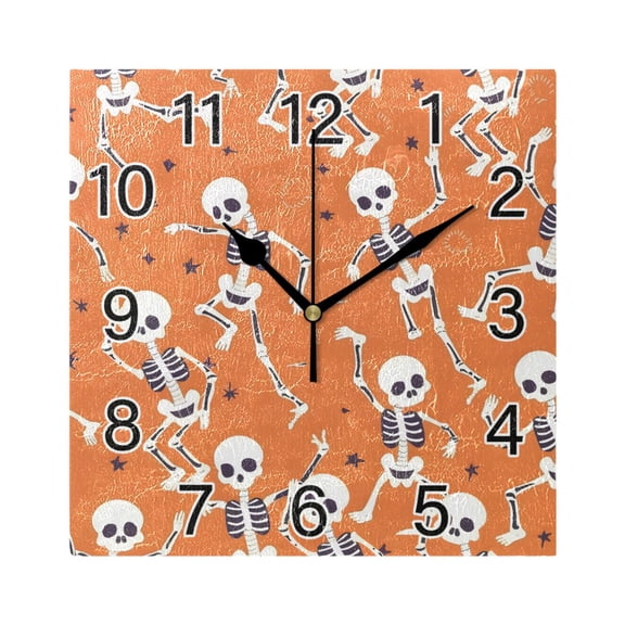 Ryvnso Skeleton Skull Dancing Wall Clock Square Silent Non-Ticking Battery Operated 7.78"