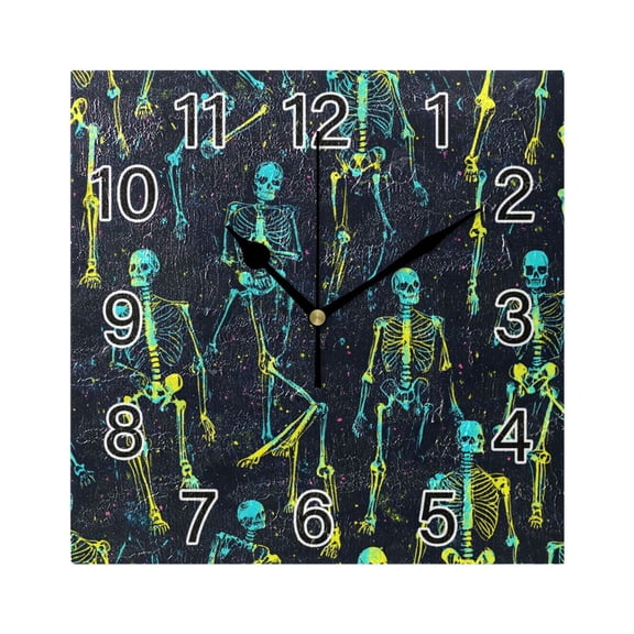 Ryvnso Skeletons Pattern Wall Clock Square Silent Non-Ticking Battery Operated 7.78"