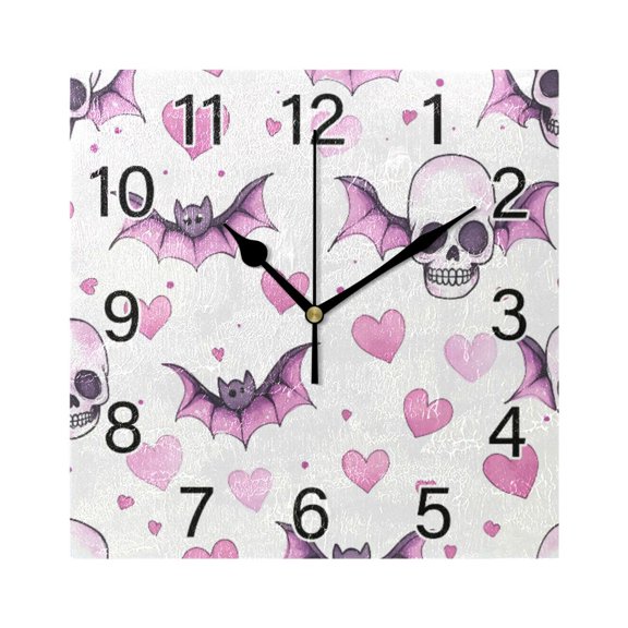 Ryvnso Skull Bats Hearts Wall Clock Square Silent Non-Ticking Battery Operated 7.78"