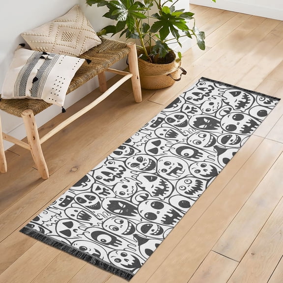 Ryvnso Skull Hand Paint Bedroom Runner Rug 2'x6' Hallway Area Carpet Non Slip Entryway Mat with Tassels